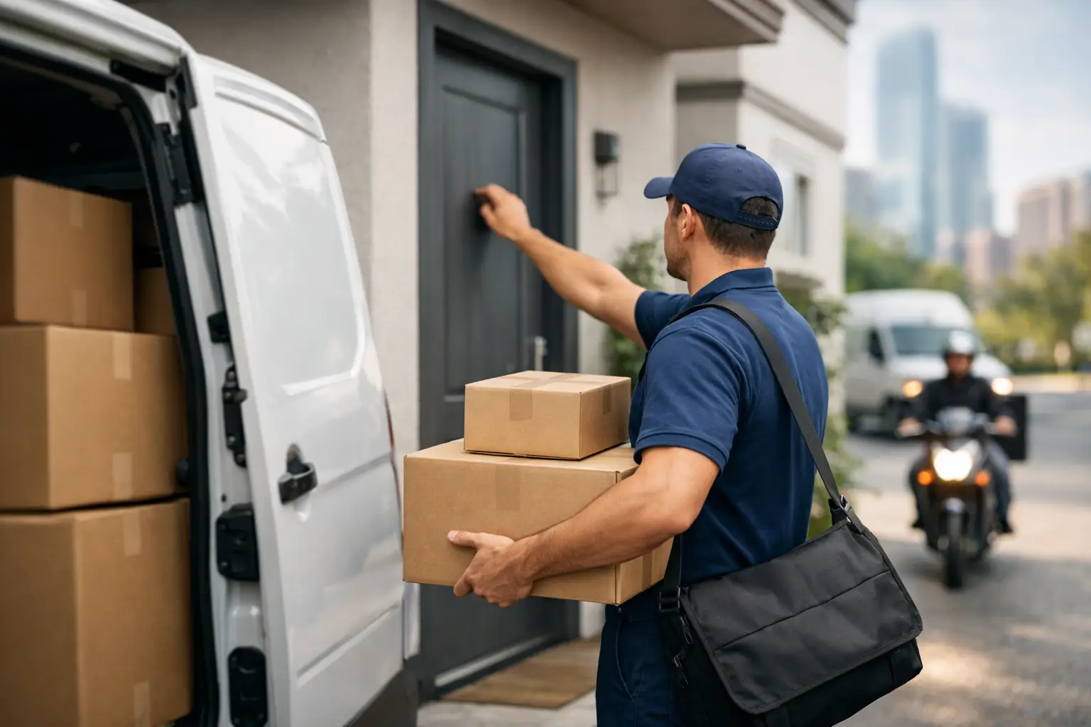 Door-to-door same day delivery courier collecting an urgent parcel