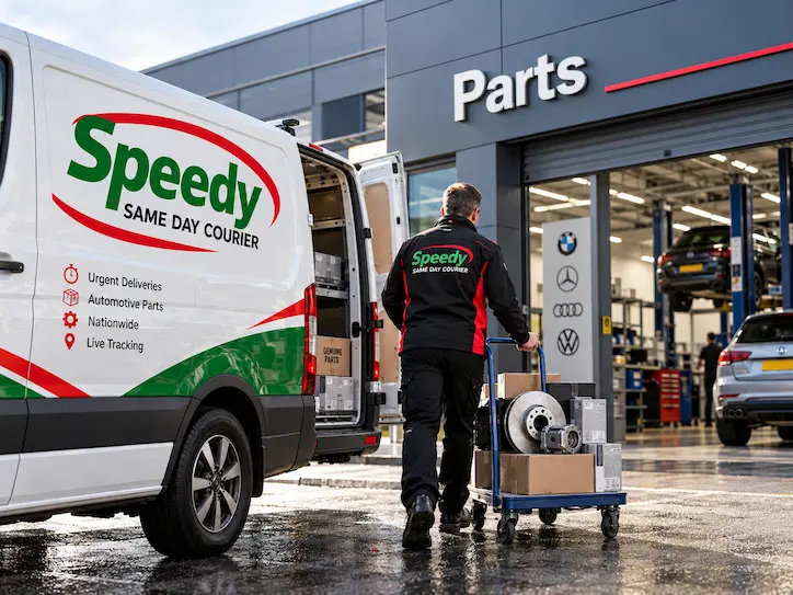 Speedy automotive parts courier wheeling brake discs and boxed spares from a Speedy van into a dealership parts department