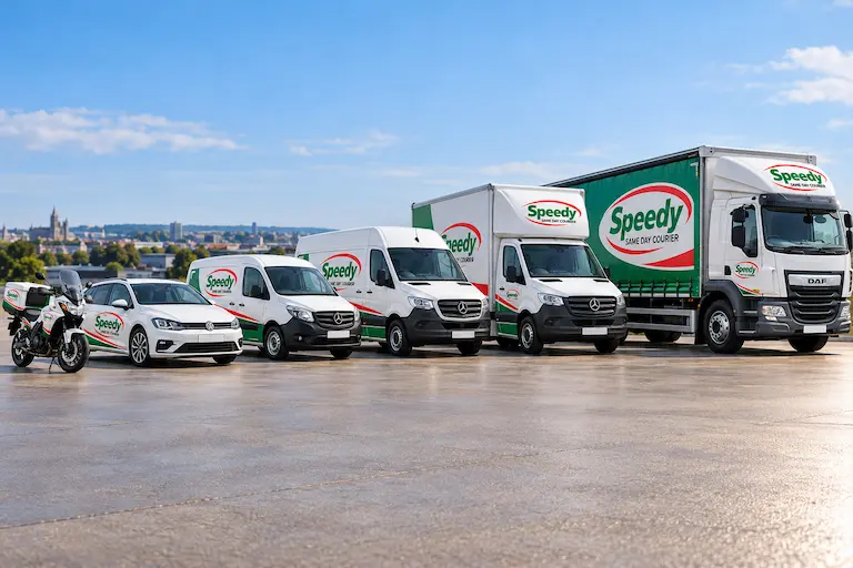 Speedy Same Day Courier UK fleet: motorbike, car, small and large vans, Luton van and 7.5 tonne curtainside lorry