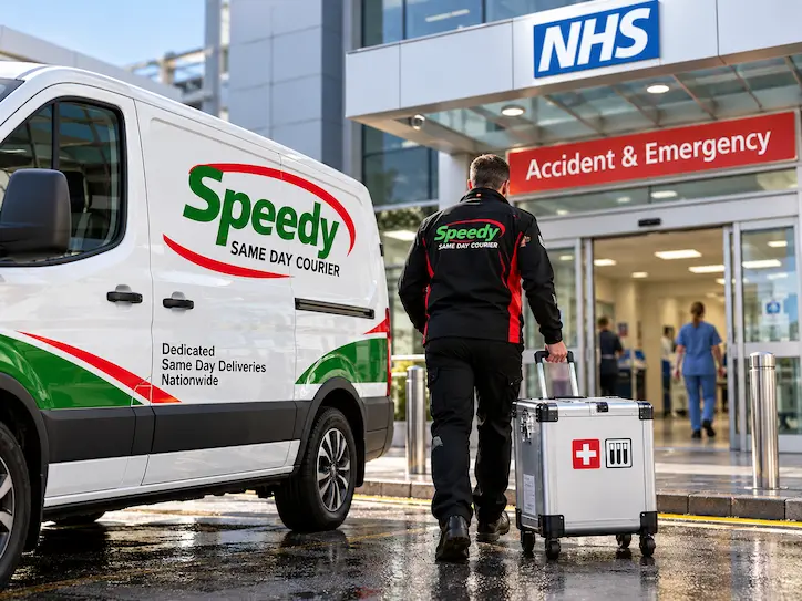Speedy medical courier driver wheeling a sealed medical sample case from a Speedy van into a hospital entrance